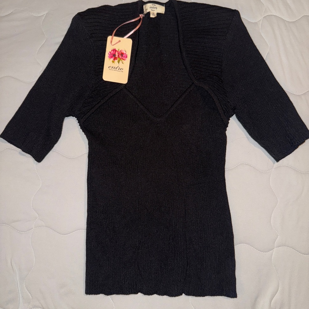 Entro Martina Top Black Ribbed with Three-Quarter Sleeves Size Medium NWT